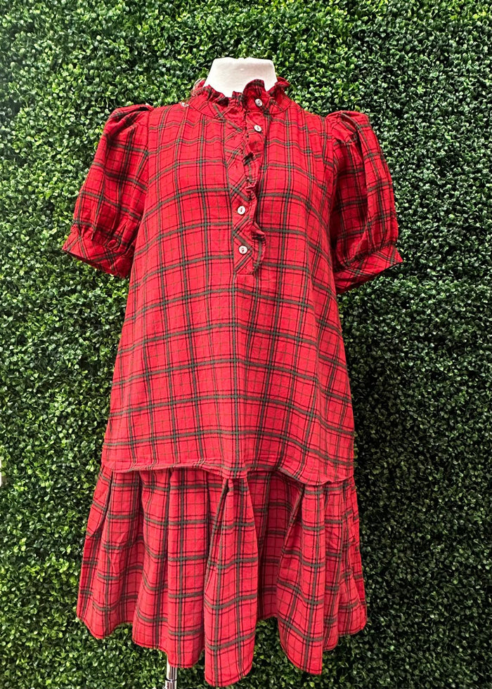 Red Plaid Puff Sleeve Short Dress