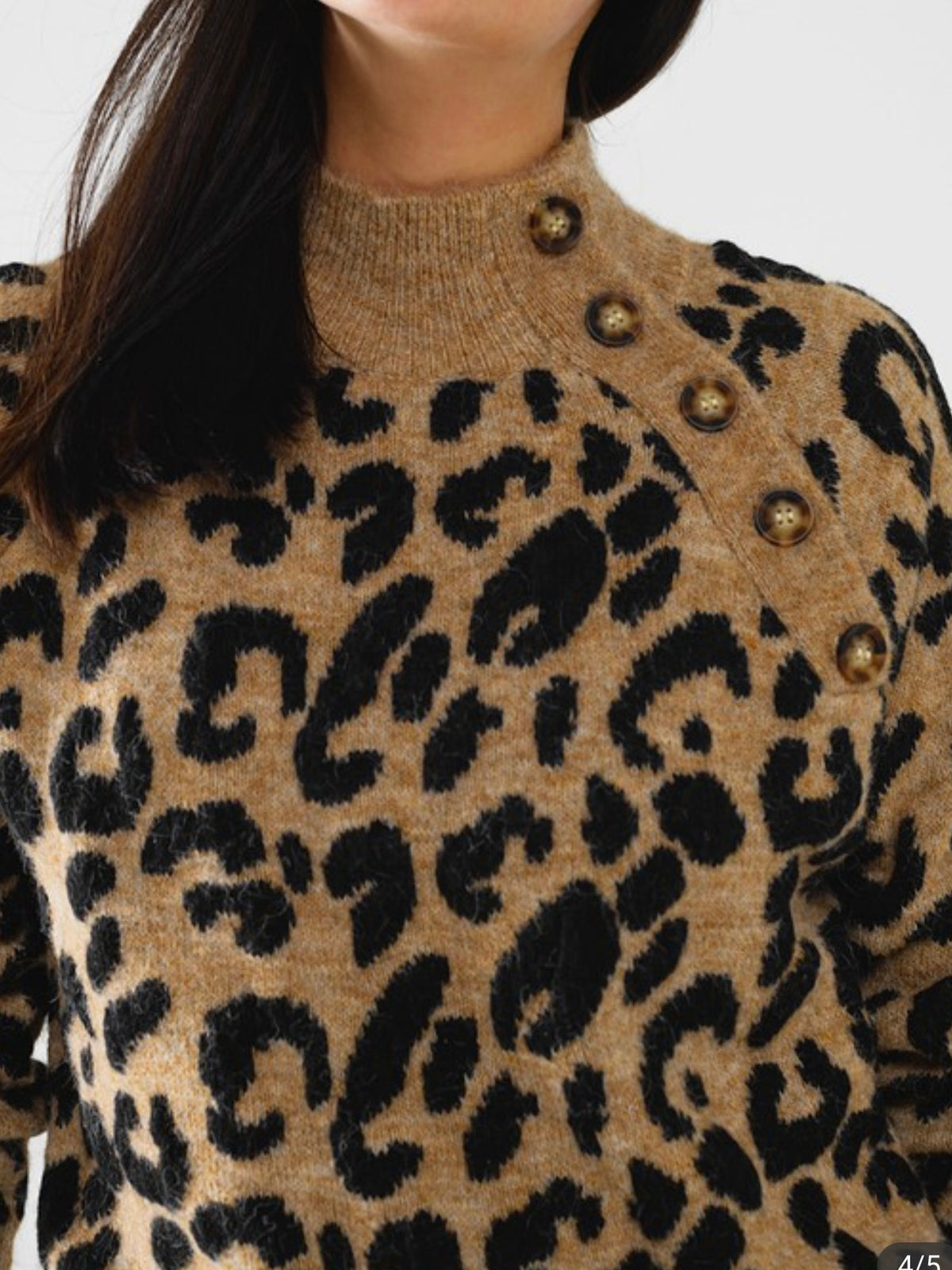 High Neck Button Detail Leopard Sweater