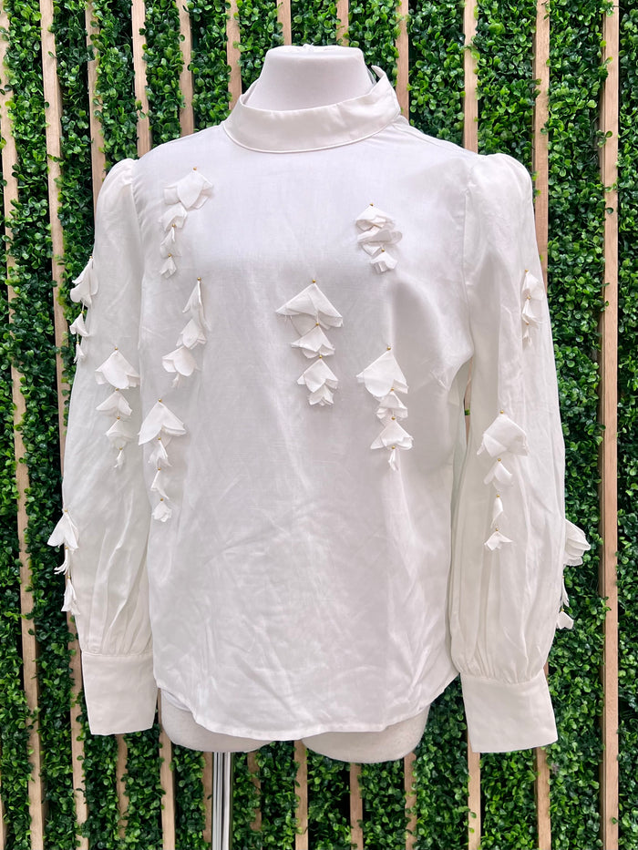 Beautiful Off White Floral Trim Mock Neck Blouse