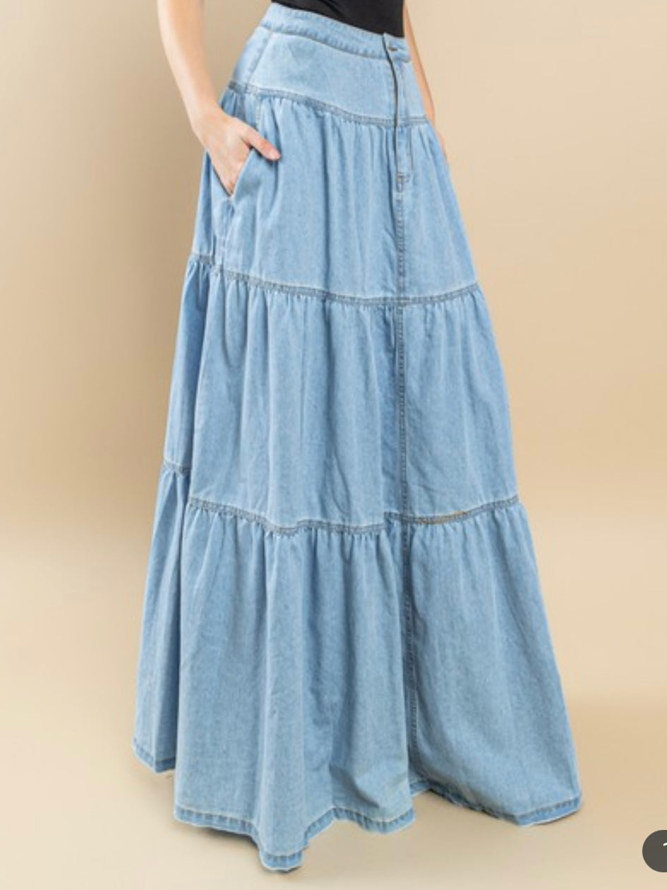 Tiered Maxi Denim Skirt