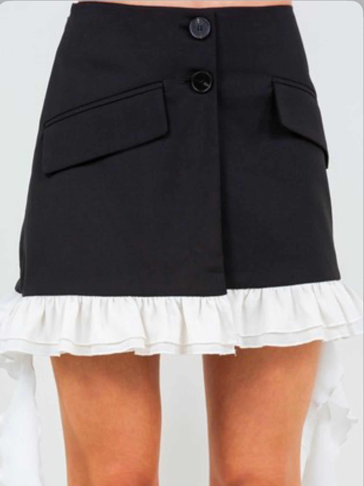 Black Contrast Ruffle Short Skirt