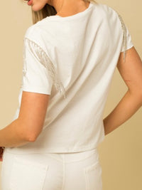 White Rhinestone Fringe T Shirt