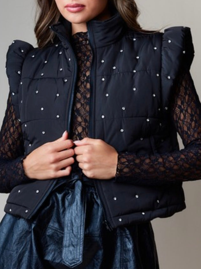 Black Rhinestone Studded Puffer Vest