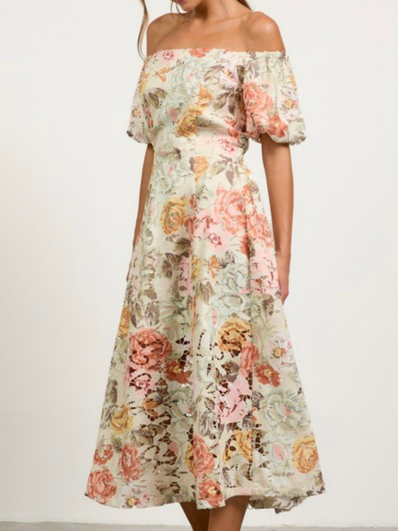 Delicate Sage Peach Floral Lace Midi Dress