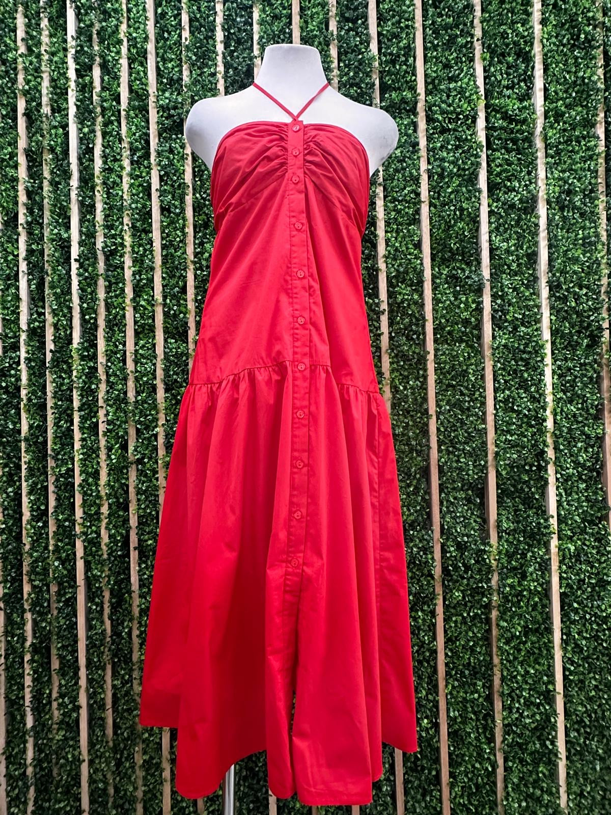 Red Halter Tie Button Down Dress