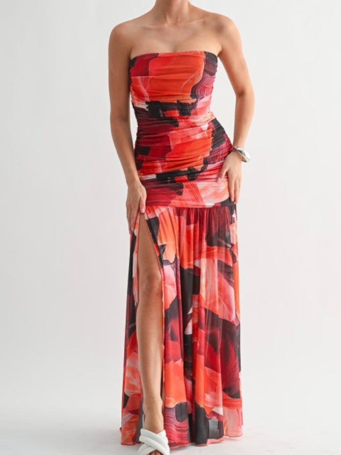 Beautiful Crimson Print Strapless Maxi Dress