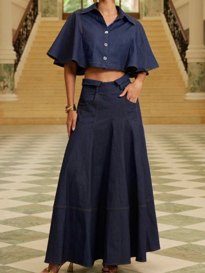 Beautiful Dark Denim Cape Sleeve Crop Top