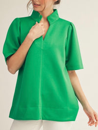 Green Standing Collar Mid Sleeve Blouse