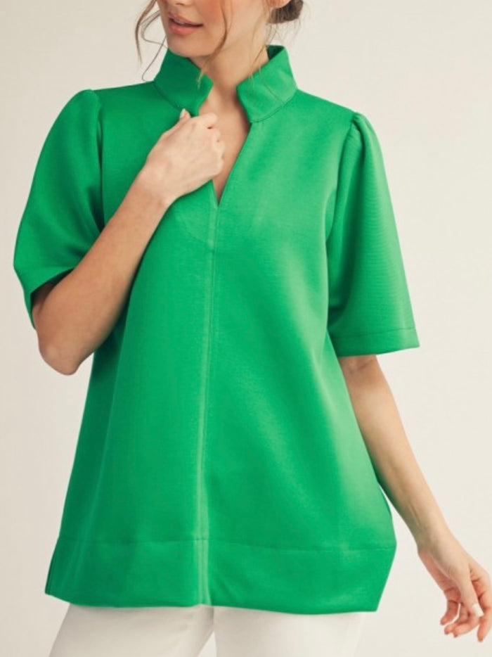 Green Standing Collar Mid Sleeve Blouse