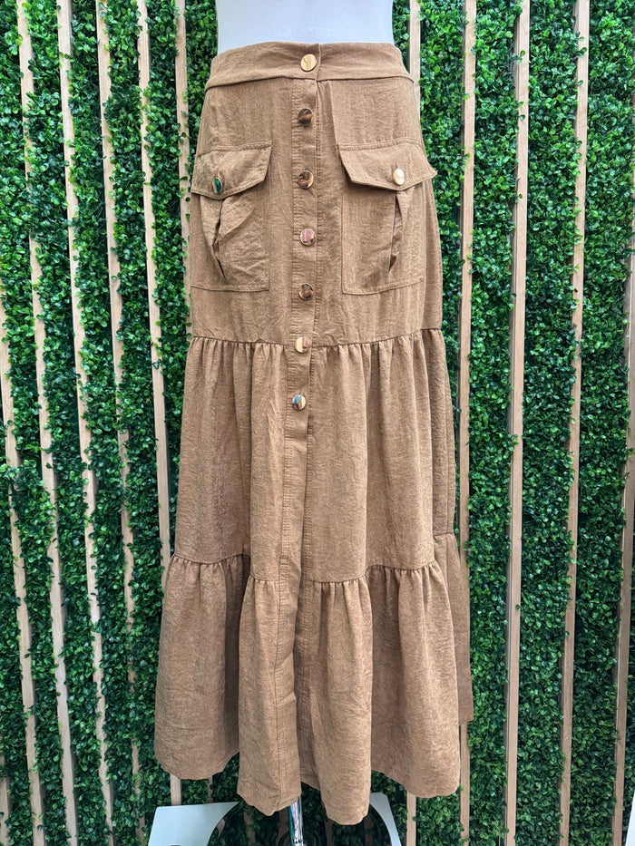 Brown Button Front Tiered Maxi Skirt