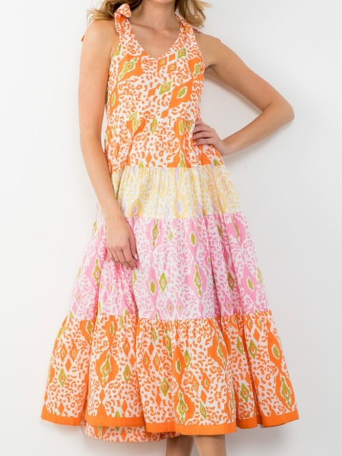 Green Orange Shoulder Tie Tiered Mxi Dress