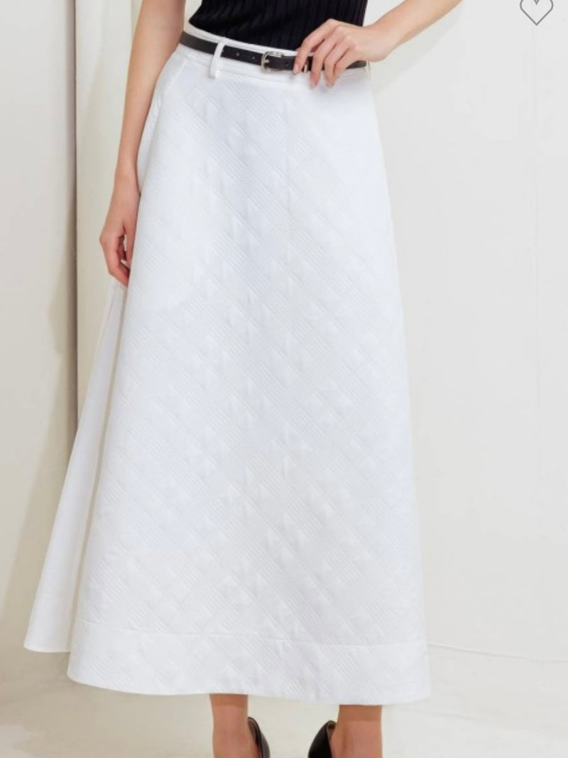 White Textured and Belted A Line Midi Skirt