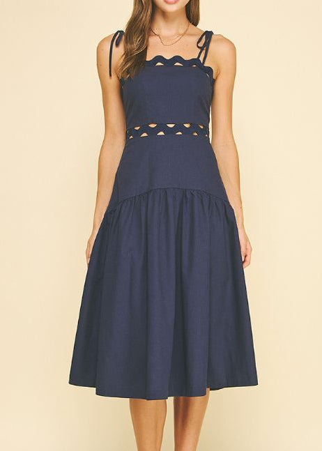 Beautiful Rig Rag Trim Fitted Tie-Strap Midi Dress