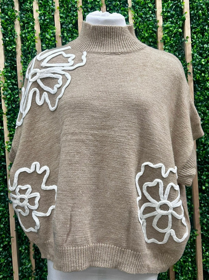 Chic Floral Stitches Drop Shoulder Short Sleeve Sweater Top