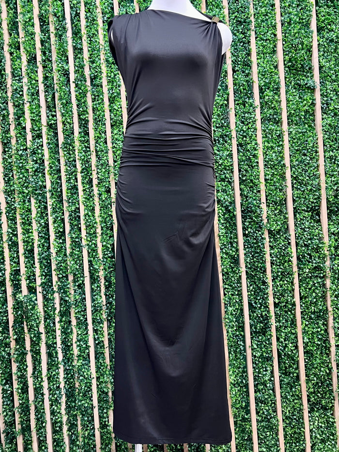 Black Ruched Midi Dress With Metal Ring Strap Detail
