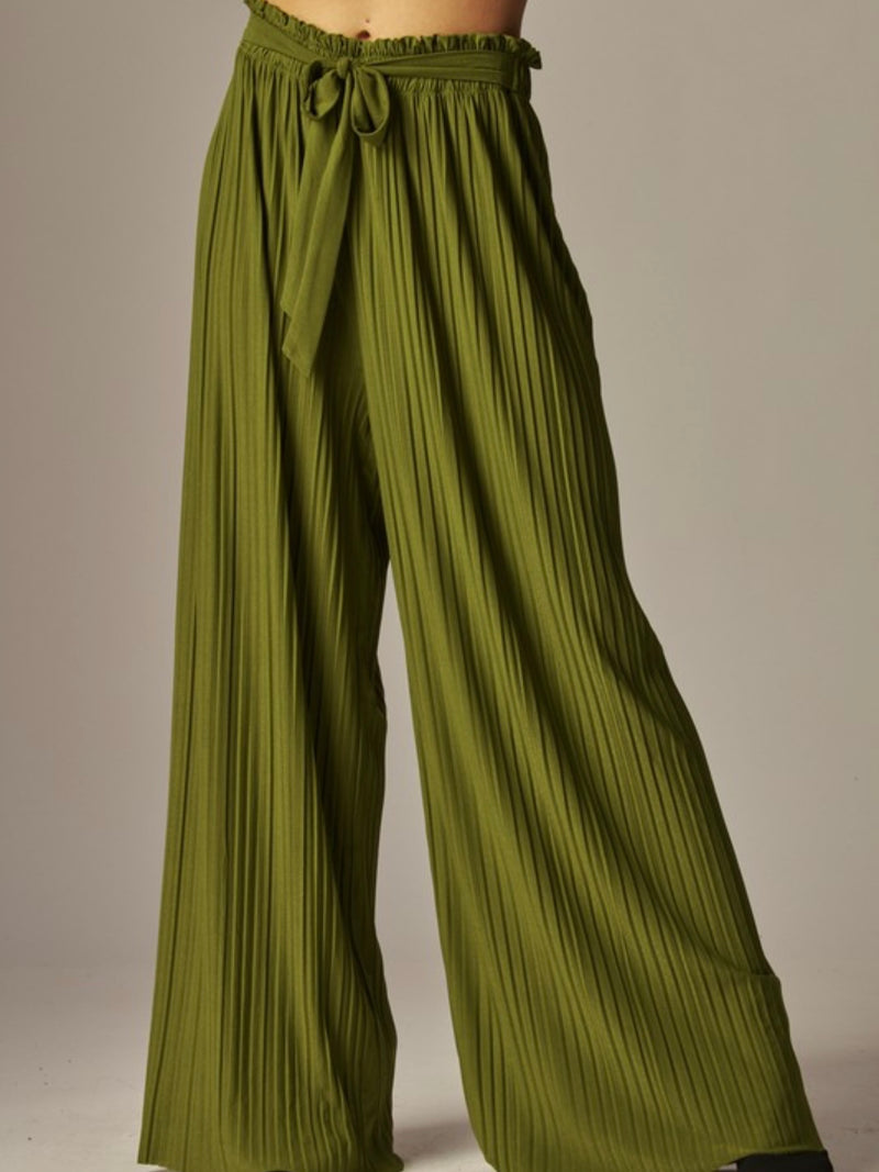 Ribbed Paper Bag Self Tie Wide Leg Pants