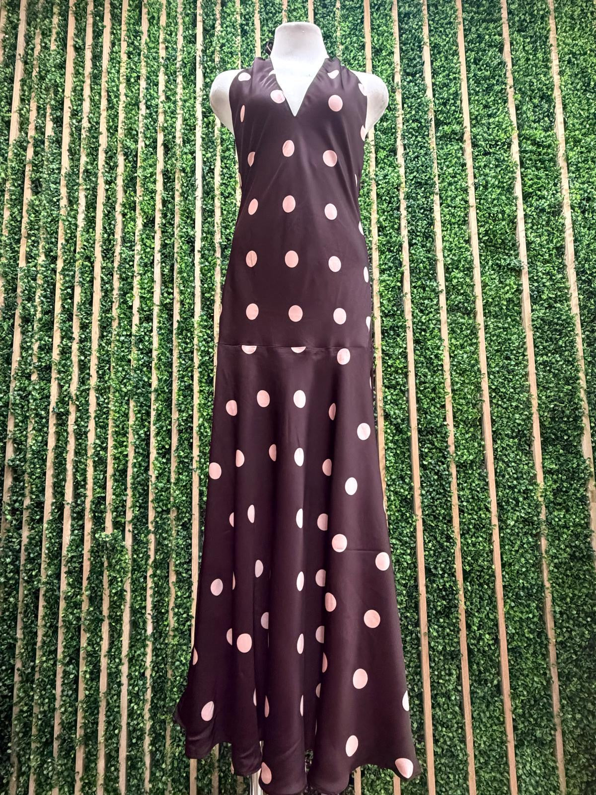 Burgundy & Blush Polka Dot Halter Maxi Dress