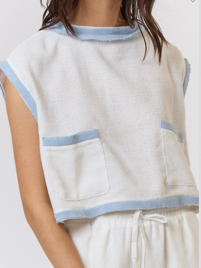 Ivory Blue Textured Pocket Detail Blouse