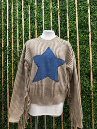 Beige Knit Sweater with Denim Star Patch