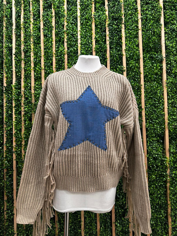 Beige Knit Sweater with Denim Star Patch