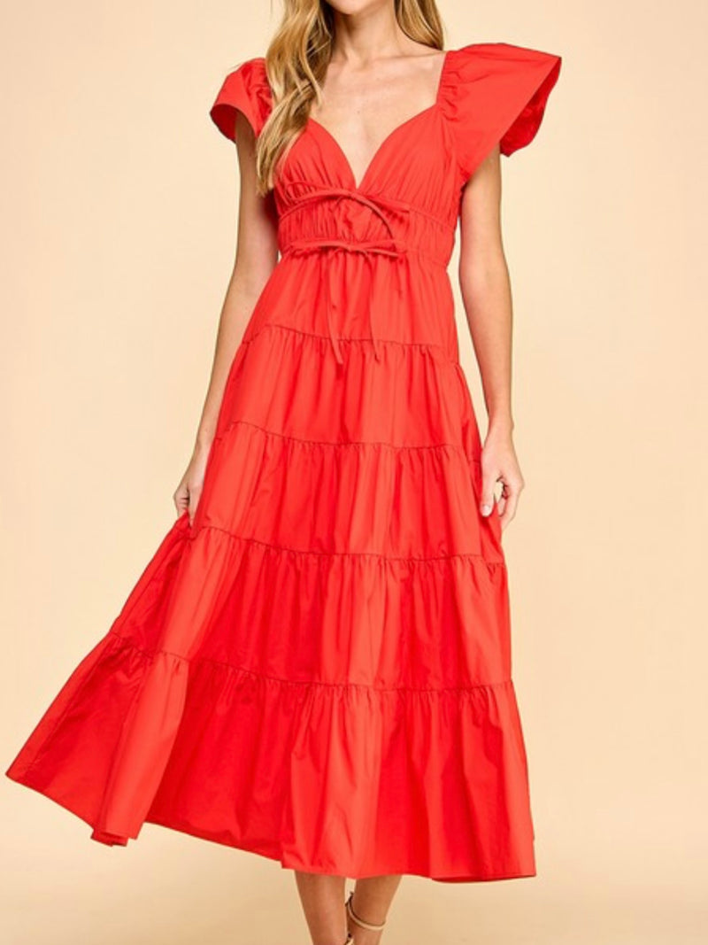 V Neck Bow Detail V Neck Flare Maxi Dress