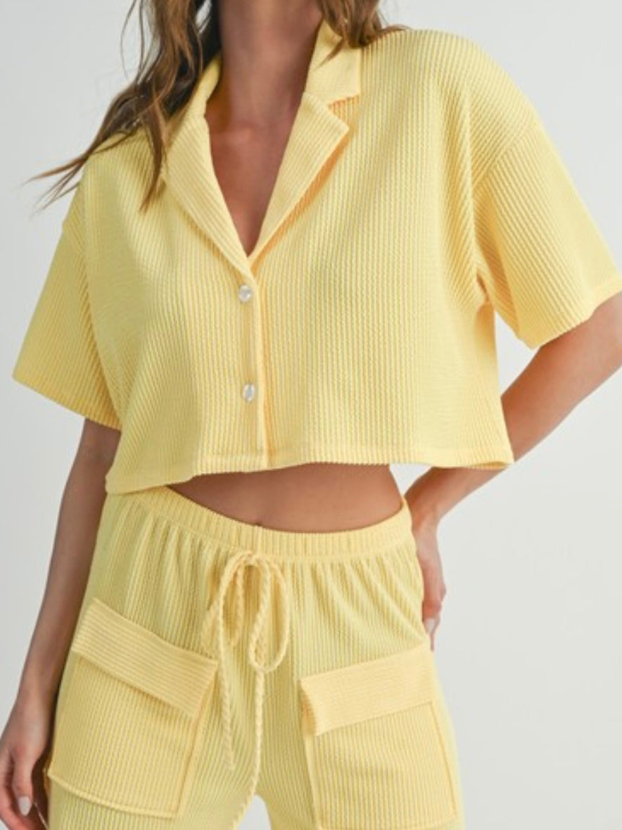 Lemon Ribbed Loose Fit Crop Top Cargo Pant Set