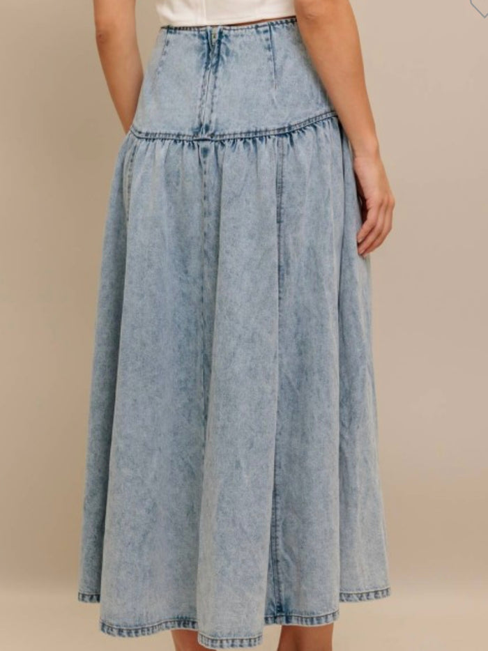 Light Acid Wash Fit and Flare Midi Skirt