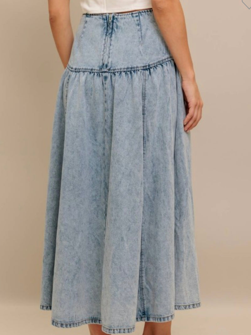 Light Acid Wash Fit and Flare Midi Skirt