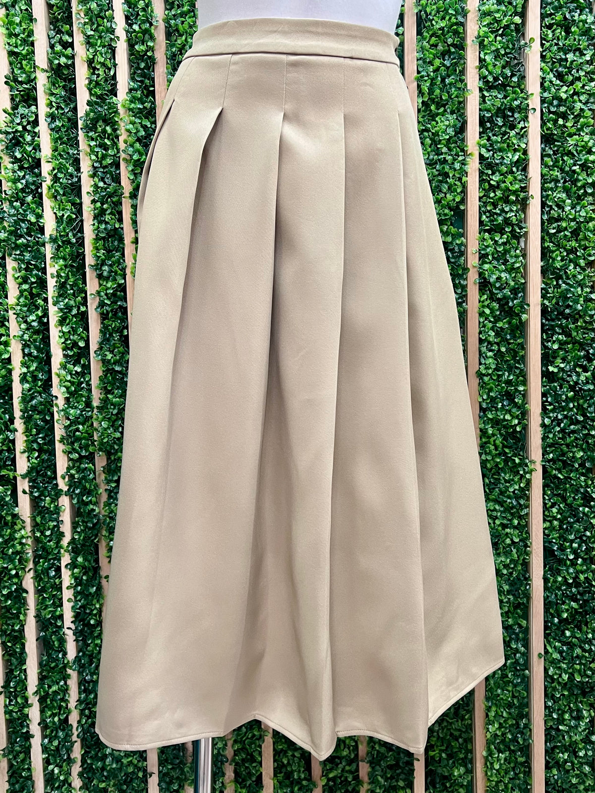 Beige Pleated Button Detail Midi Skirt
