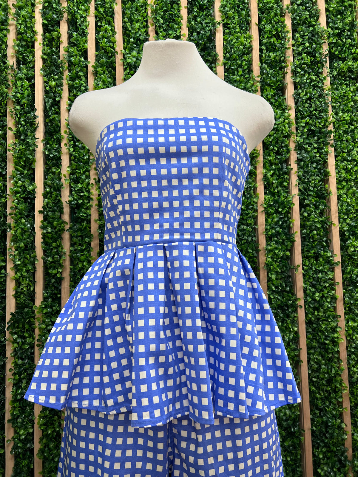 Blue Checkered Strapless Peplum Top