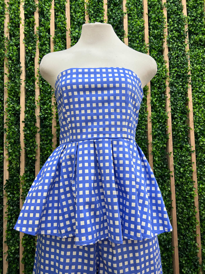 Blue Checkered Strapless Peplum Top