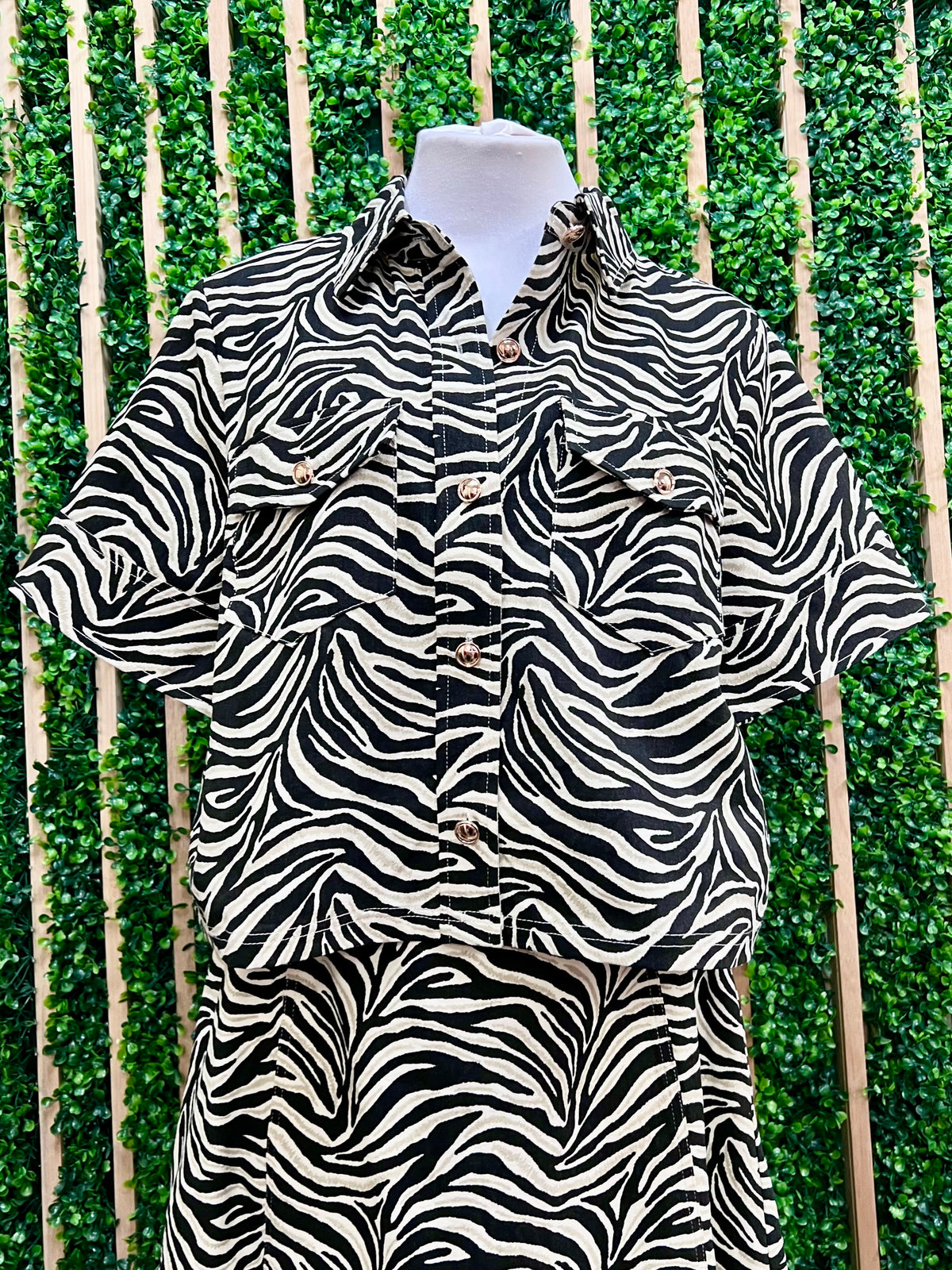 Oatmeal Zebra Print Button Detail Top