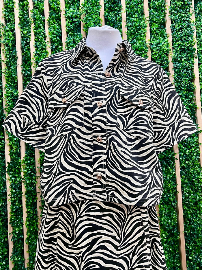 Oatmeal Zebra Print Button Detail Top