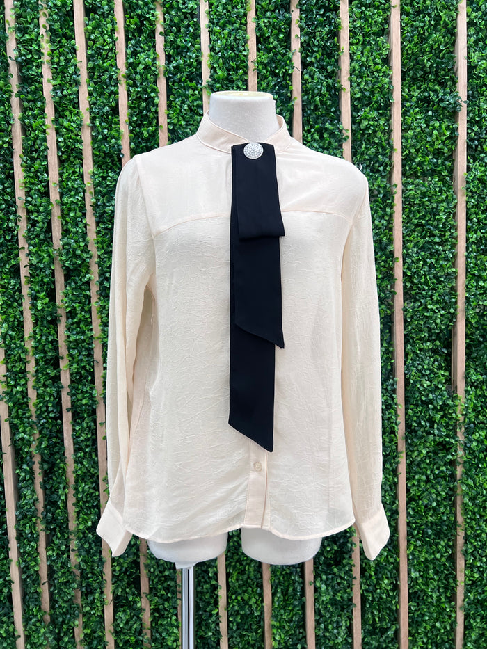 Beige Rhinestone Accent Tie Blouse