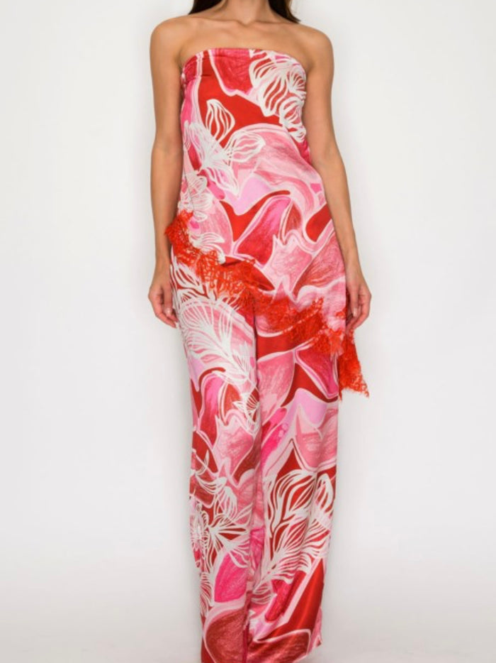 Red Print Lace Wide Leg Pant