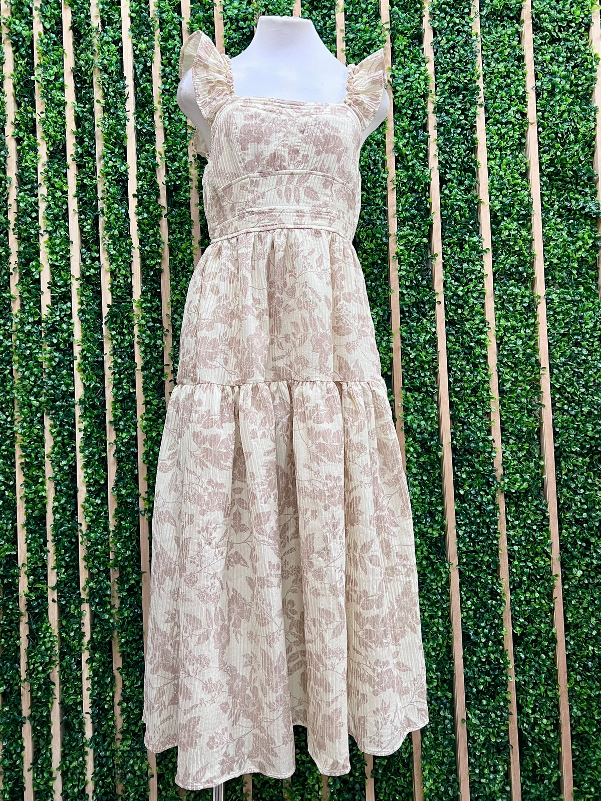 Beautiful Cream Multi Floral Short Sleeve Tiered Midi Dress