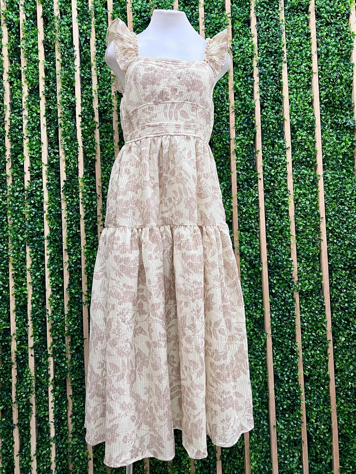 Beautiful Cream Multi Floral Short Sleeve Tiered Midi Dress