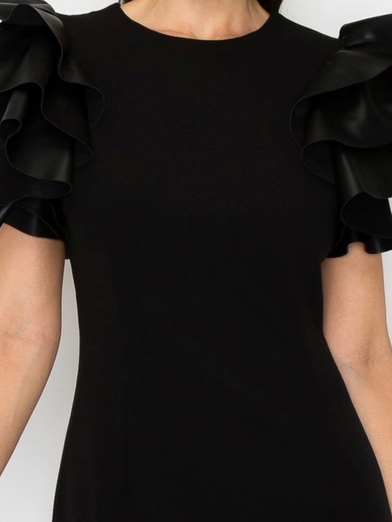 Black Faux Leather Ruffled Sleeves Short Dress