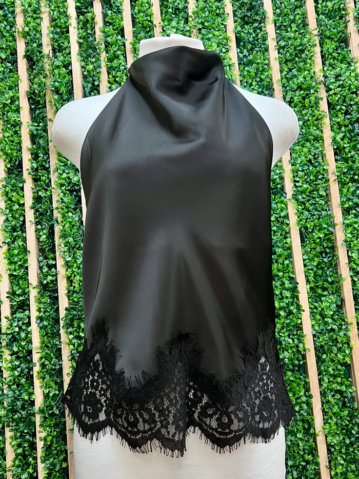 Black Satin Halter Top with Lace Trim