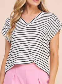 White Black Striped V Neck Top