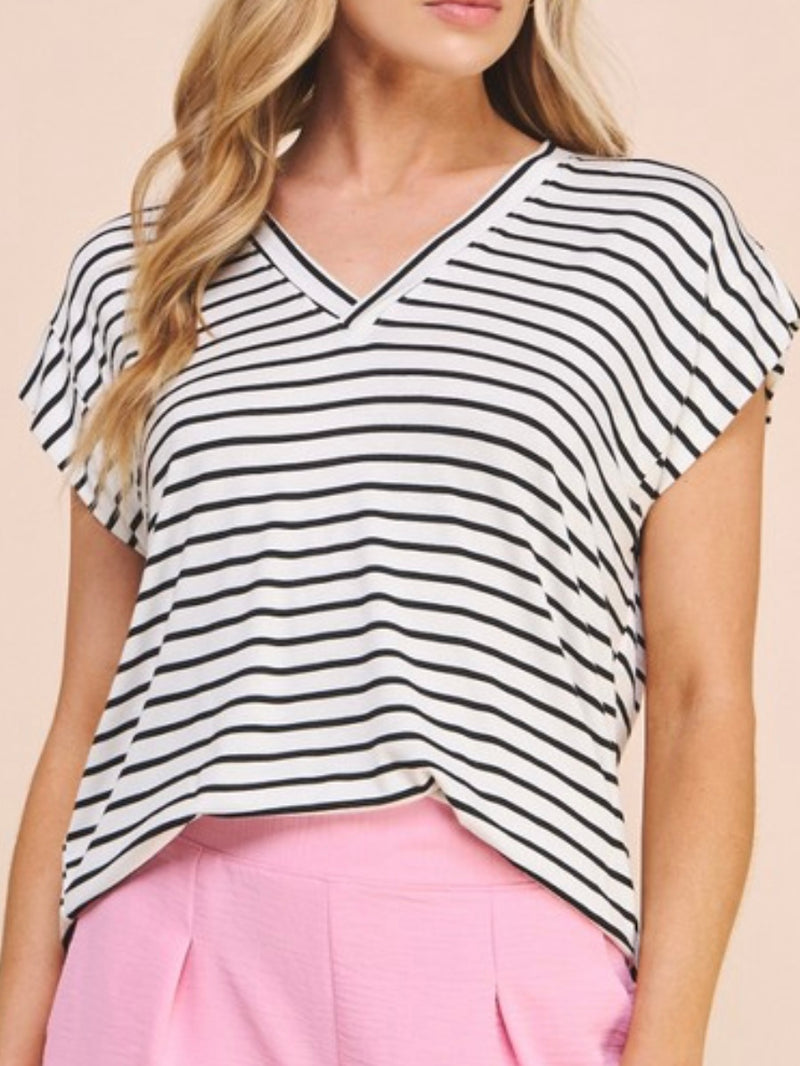 White Black Striped V Neck Top