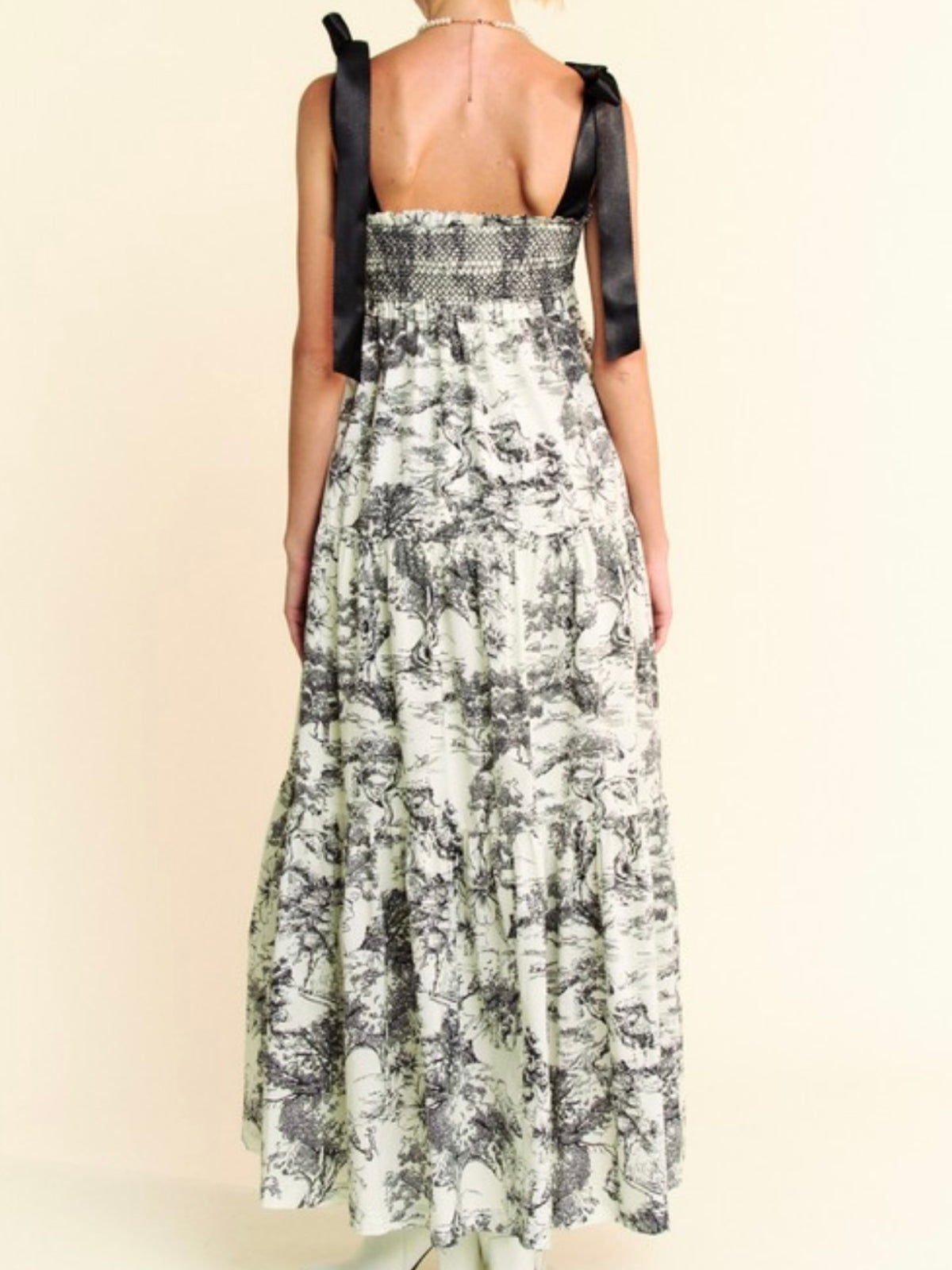 Romantic Black Ivory Smocked Bodice Maxi Dress