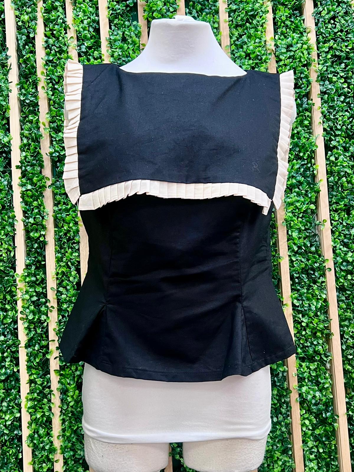 Black Pleated Ruffle Blouse