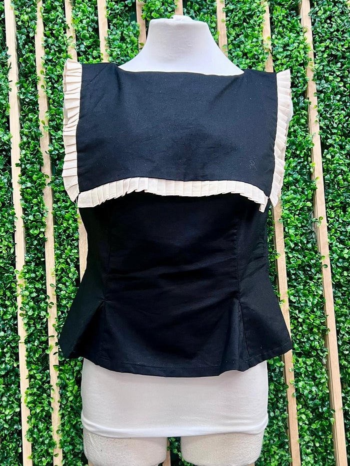 Black Pleated Ruffle Blouse
