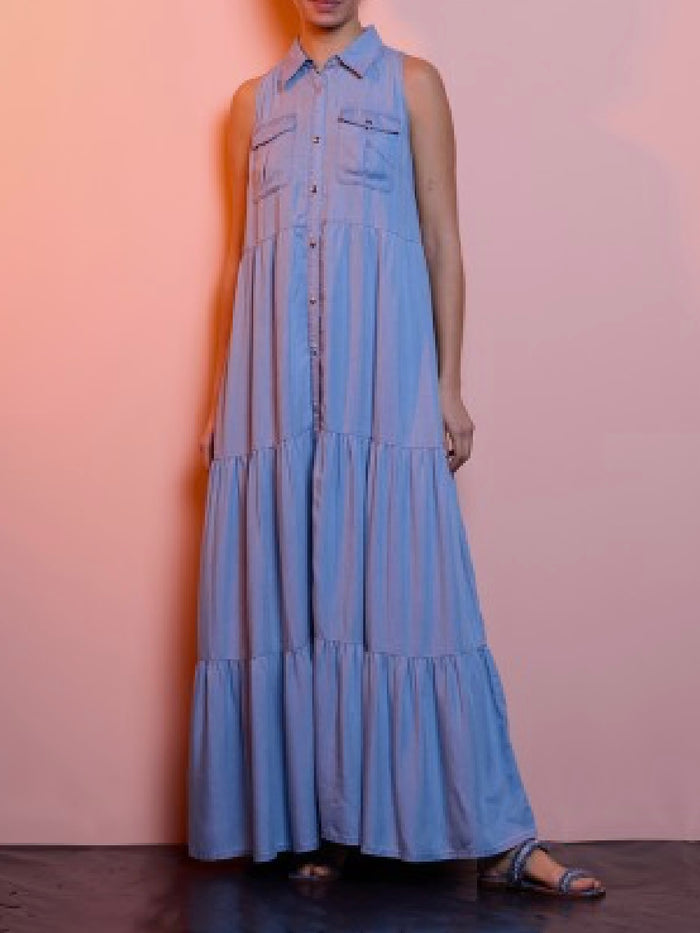 Exquisite Sleeveless Tiered Denim Maxi Dress