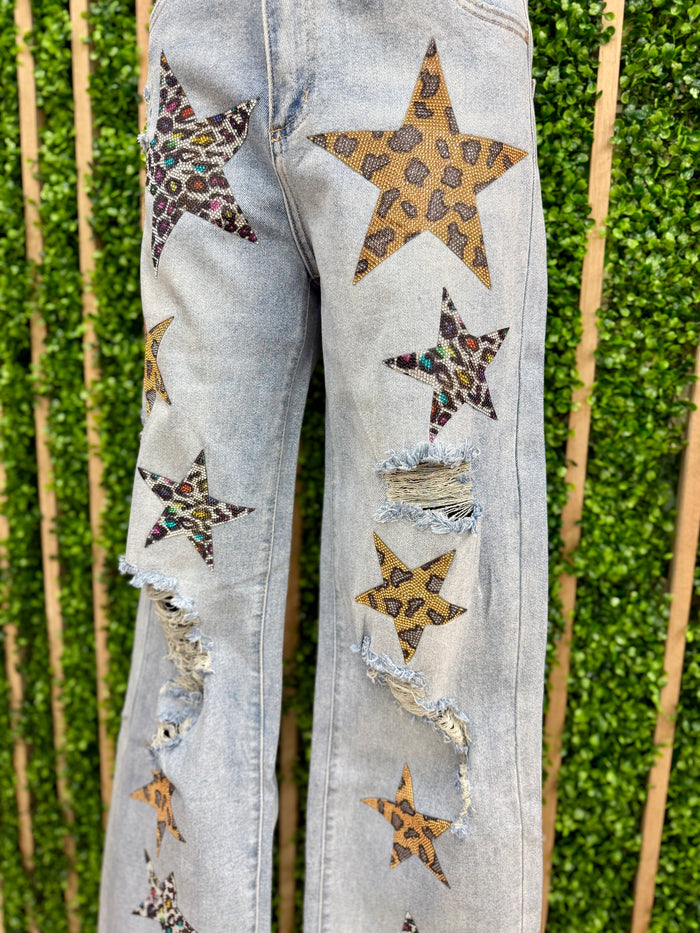Multi Crystal Star Wide Leg Denim