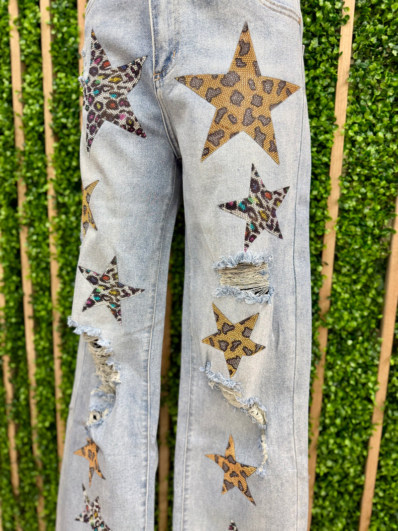 Multi Crystal Star Wide Leg Denim