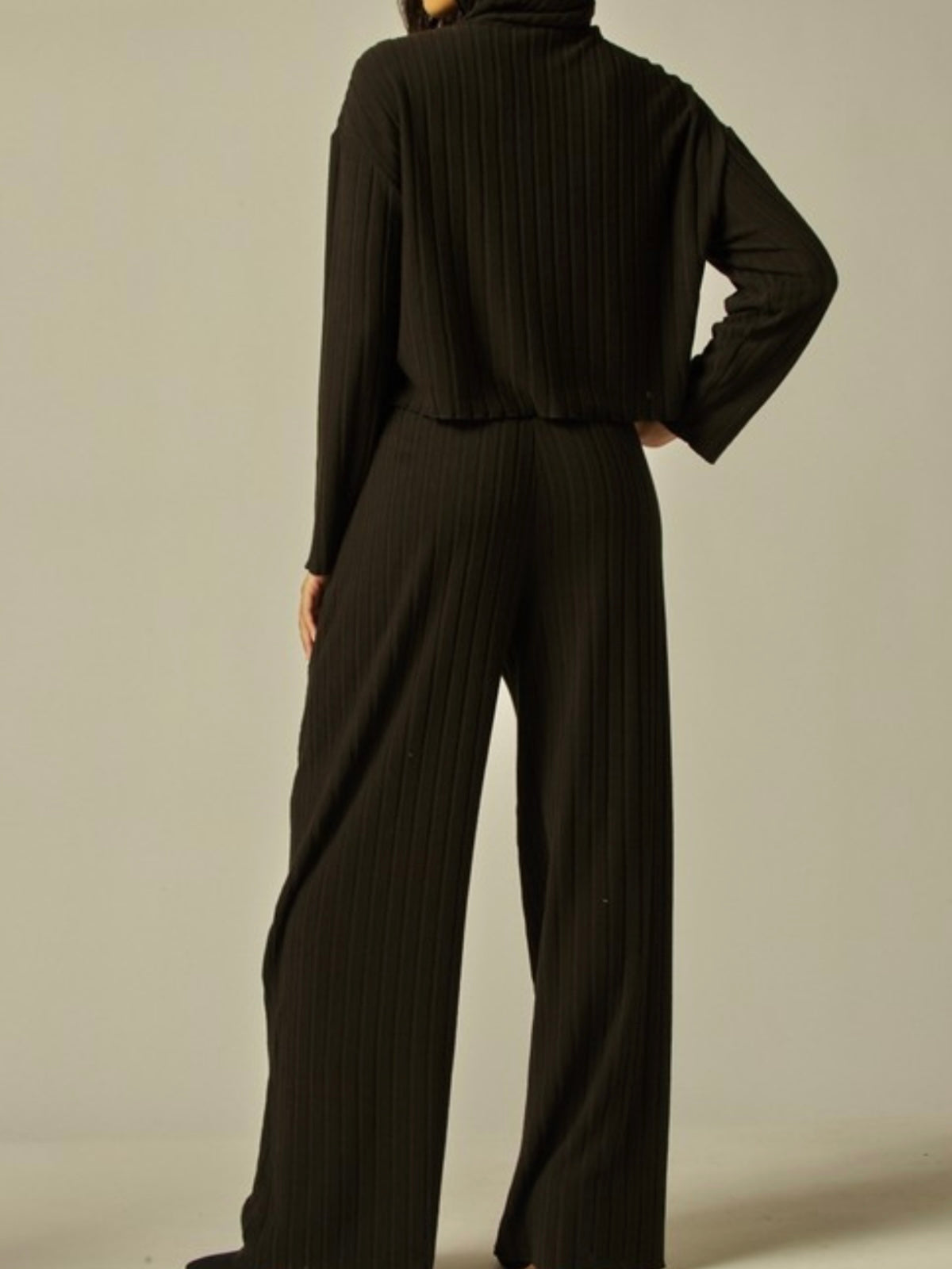 Black Rib Knit Hoodie Wide Leg Pant Set