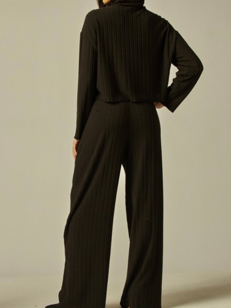 Black Rib Knit Hoodie Wide Leg Pant Set