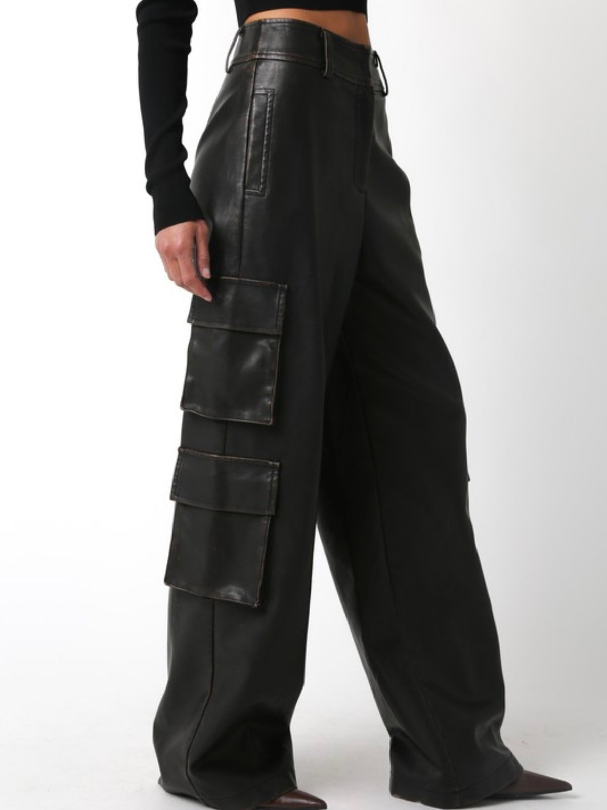 Black Brown Pleather High Waist Cargo Pants